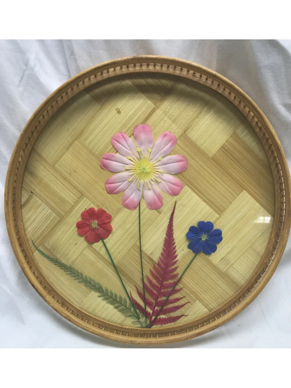Vtg Bamboo Flowers Tray And Coasters 7 Pc Set Floral Tiki Bar Serving Platter